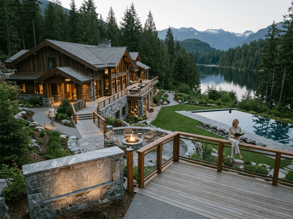 Group of executives casually talking near a lodge by a lake and mountains