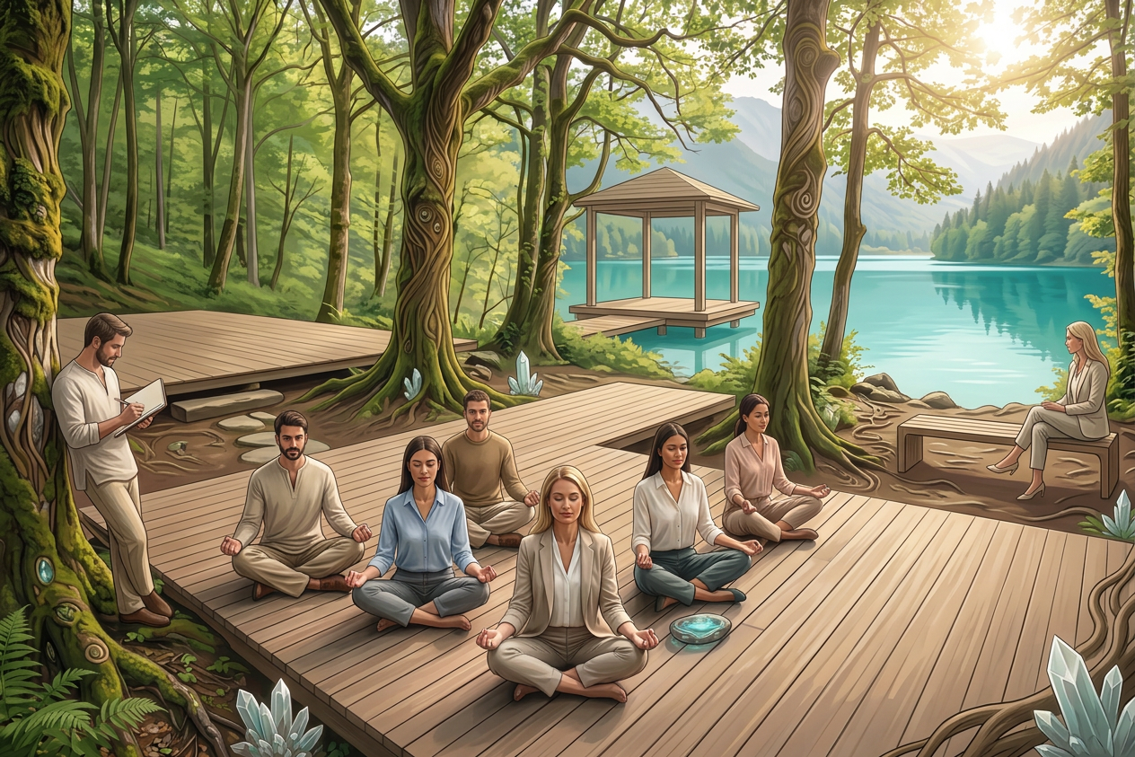 Group meditating, coaching session, and dining at lakeside wellness retreat
